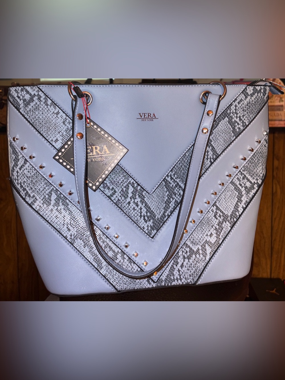 Vera New York NWT Powder Blue Snake-Print Studded Tote